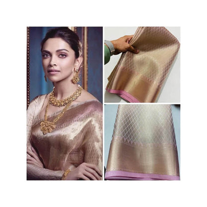Isadora Life Womens Woven Zari Beige Pre-Draped Saree With Unstitched Blouse