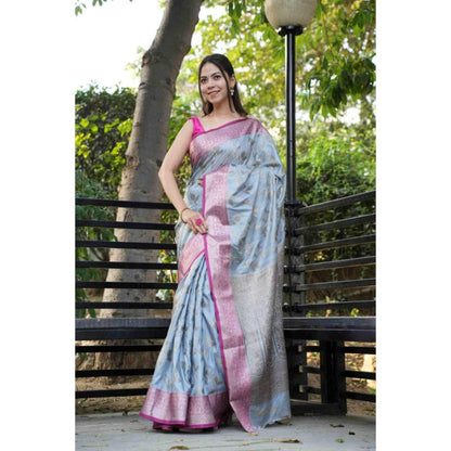 Isadora Life Womens Woven Zari Blue Pre-Draped Saree With Unstitched Blouse