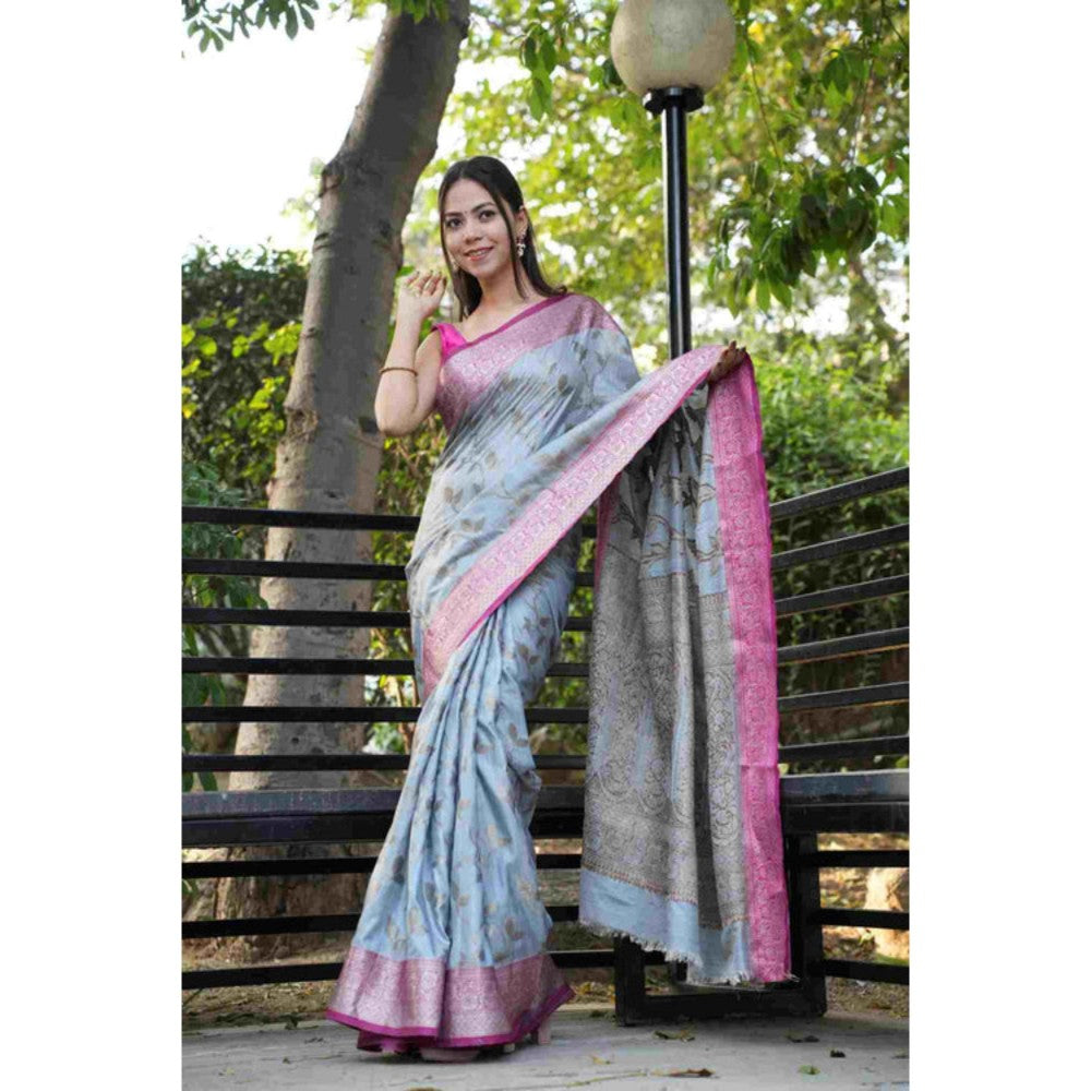 Isadora Life Womens Woven Zari Blue Pre-Draped Saree With Unstitched Blouse