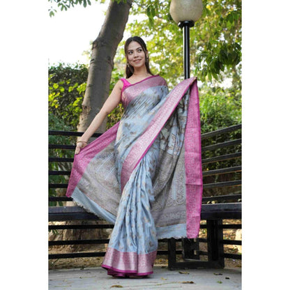 Isadora Life Womens Woven Zari Blue Pre-Draped Saree With Unstitched Blouse