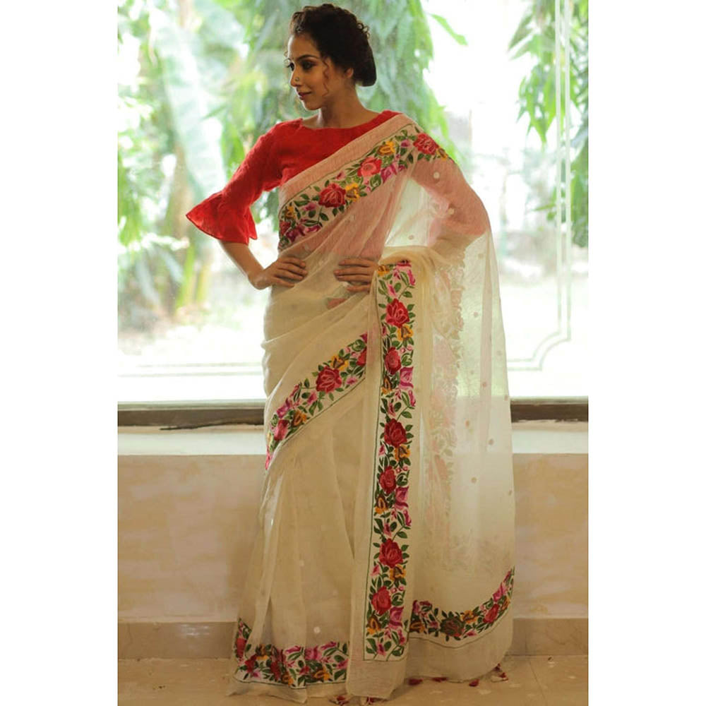 Isadora Life Womens Floral Embroidered Beige Pre-Draped Saree With Unstitched Blouse