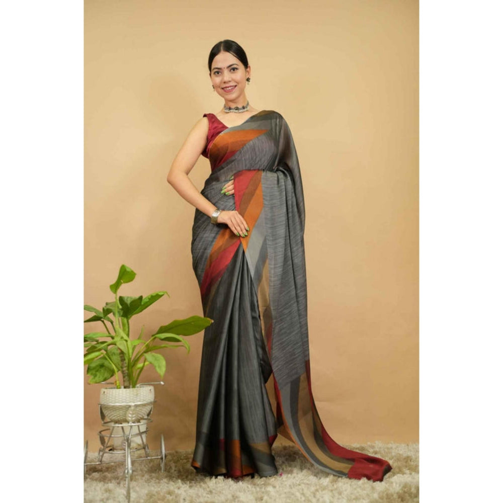 Isadora Life Womens Printed Grey Pre-Draped Saree With Unstitched Blouse