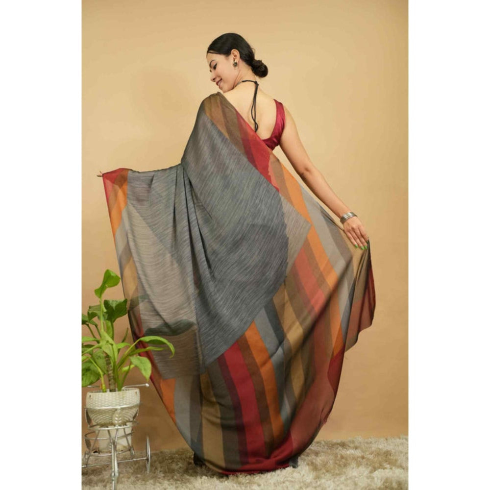 Isadora Life Womens Printed Grey Pre-Draped Saree With Unstitched Blouse