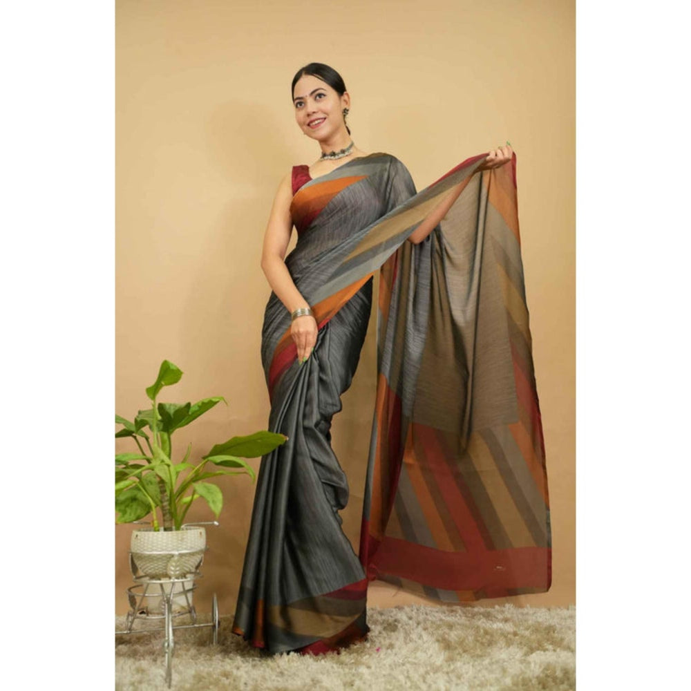 Isadora Life Womens Printed Grey Pre-Draped Saree With Unstitched Blouse
