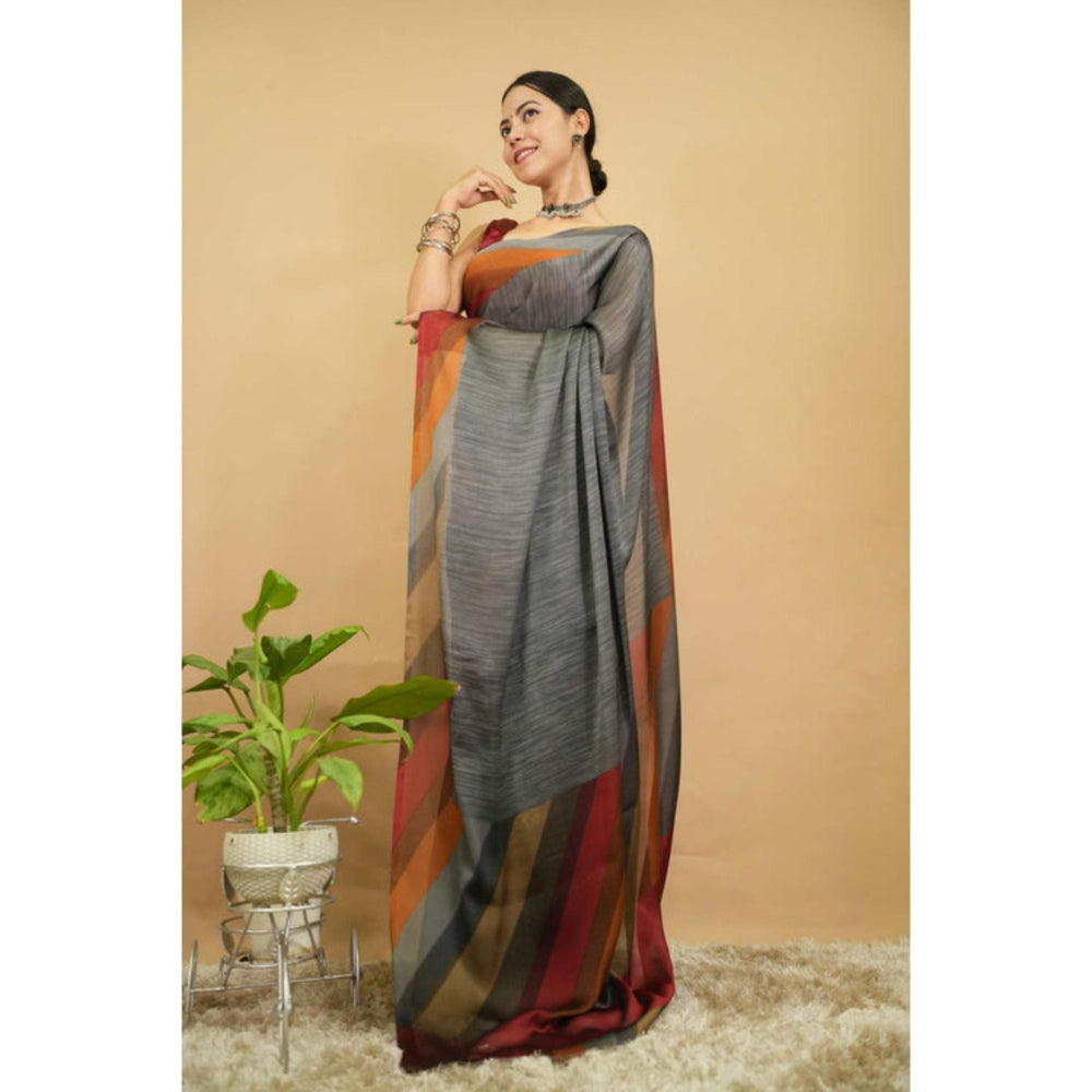 Isadora Life Womens Printed Grey Pre-Draped Saree With Unstitched Blouse