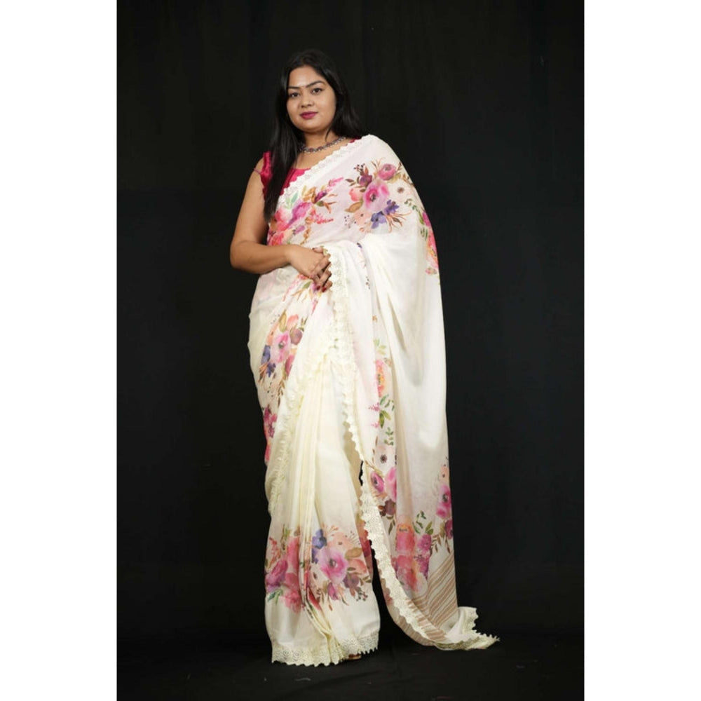 Isadora Life Womens Embroidered Lace Work White Pre-Draped Saree With Unstitched Blouse
