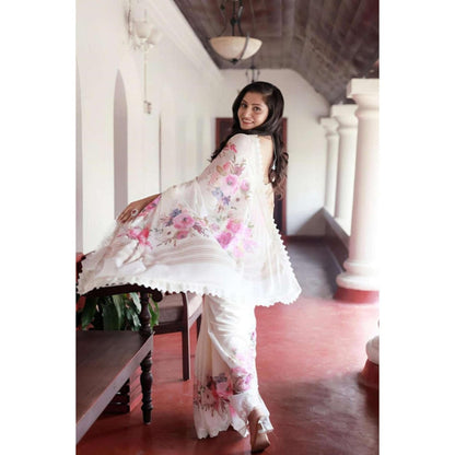 Isadora Life Womens Embroidered Lace Work White Pre-Draped Saree With Unstitched Blouse