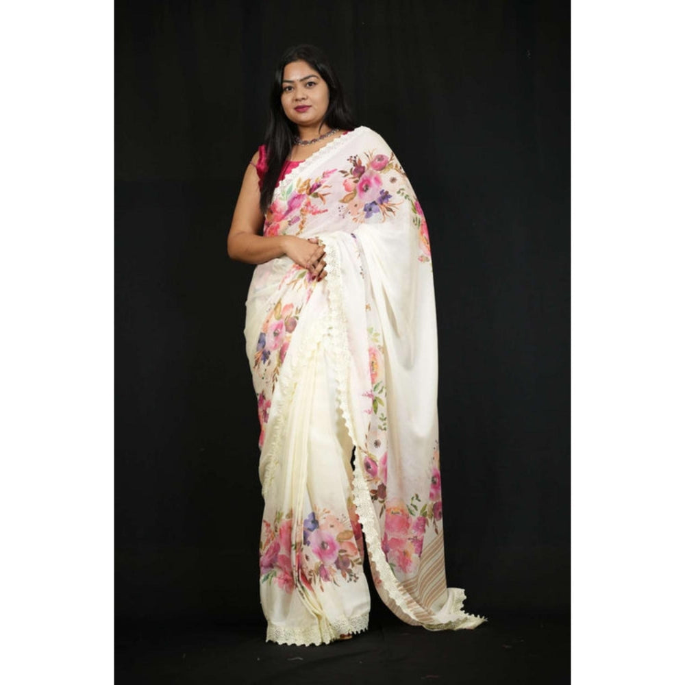 Isadora Life Womens Embroidered Lace Work White Pre-Draped Saree With Unstitched Blouse