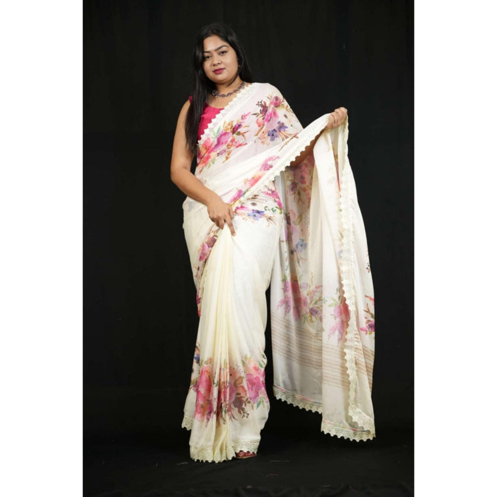 Isadora Life Womens Embroidered Lace Work White Pre-Draped Saree With Unstitched Blouse