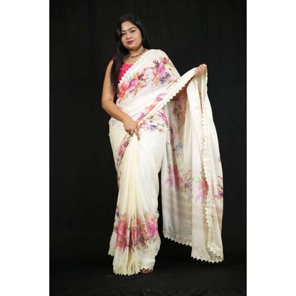 Isadora Life Womens Embroidered Lace Work White Pre-Draped Saree With Unstitched Blouse