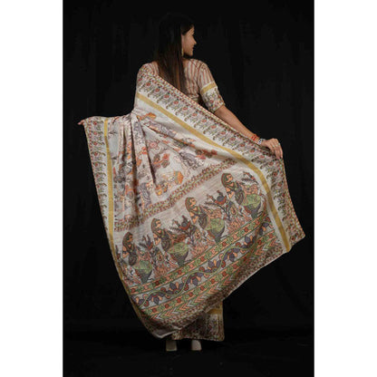 Isadora Life Womens Printed Off White Pre-Draped Saree With Unstitched Blouse