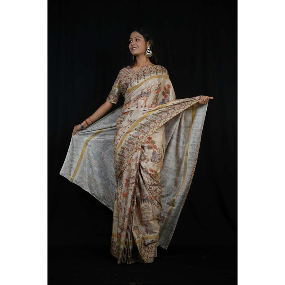 Isadora Life Womens Printed Off White Pre-Draped Saree With Unstitched Blouse