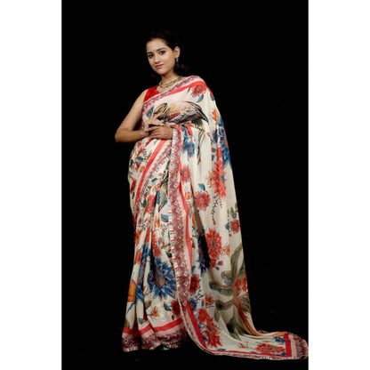 Isadora Life Womens Floral Printed White Pre-Draped Saree With Unstitched Blouse