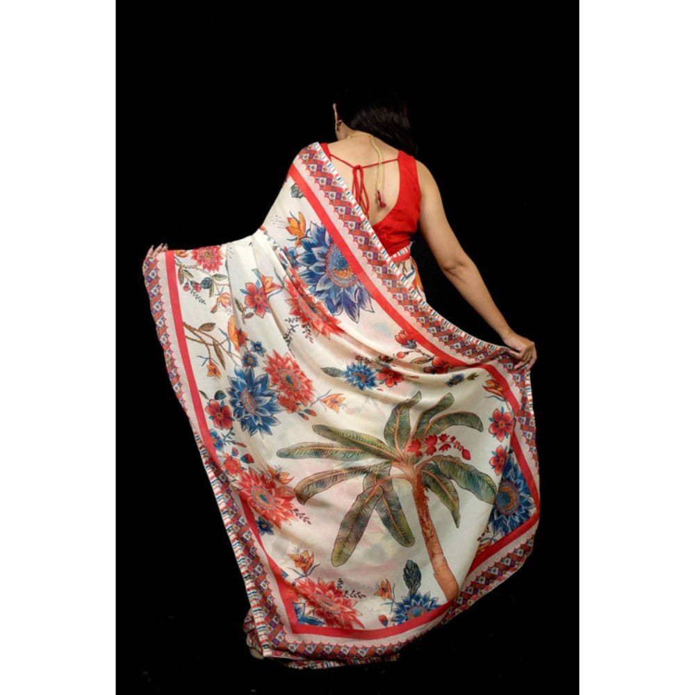 Isadora Life Womens Floral Printed White Pre-Draped Saree With Unstitched Blouse