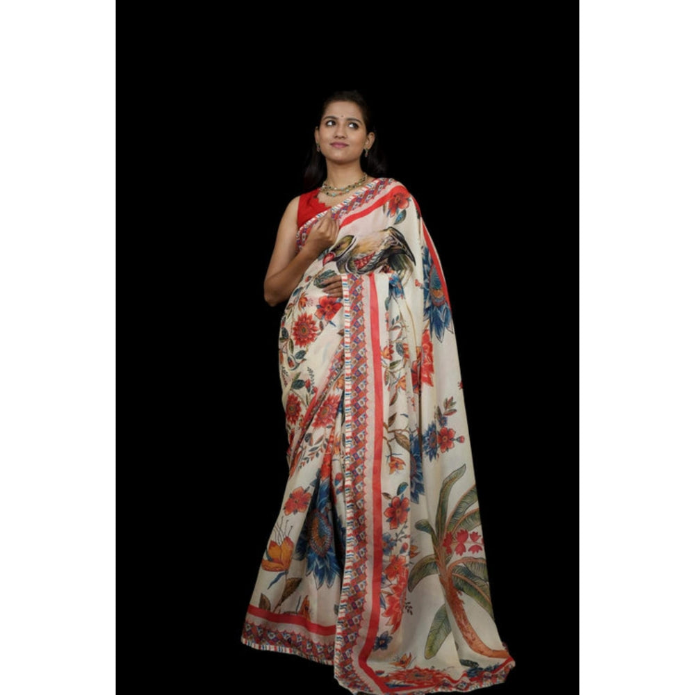 Isadora Life Womens Floral Printed White Pre-Draped Saree With Unstitched Blouse
