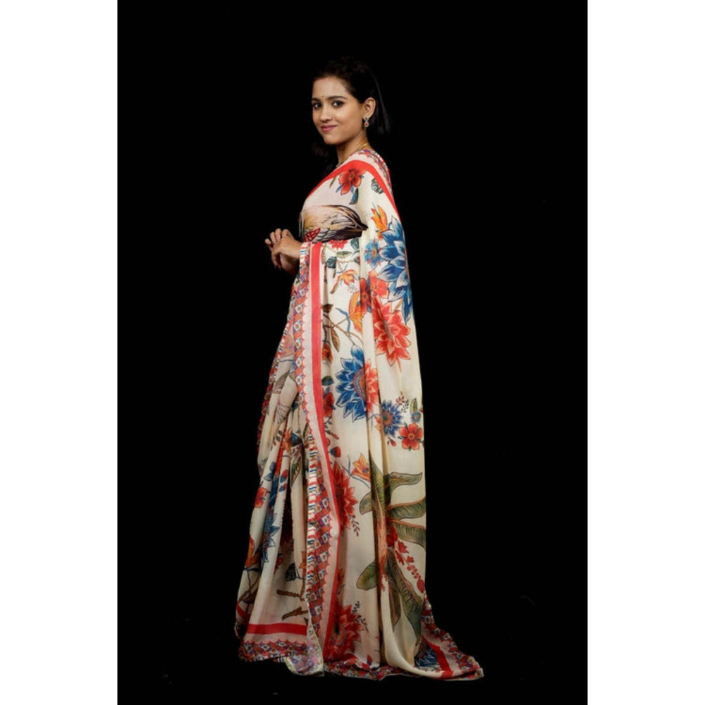 Isadora Life Womens Floral Printed White Pre-Draped Saree With Unstitched Blouse
