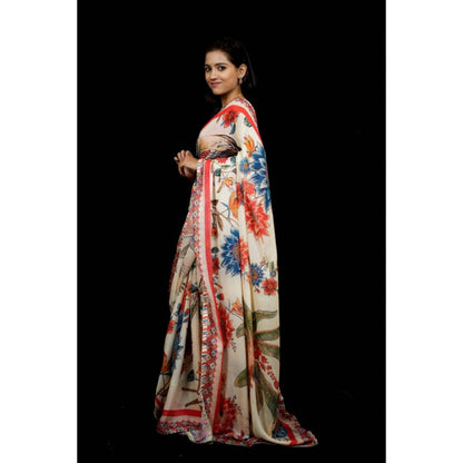 Isadora Life Womens Floral Printed White Pre-Draped Saree With Unstitched Blouse