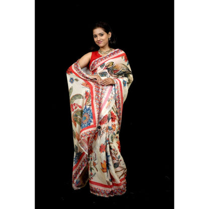 Isadora Life Womens Floral Printed White Pre-Draped Saree With Unstitched Blouse