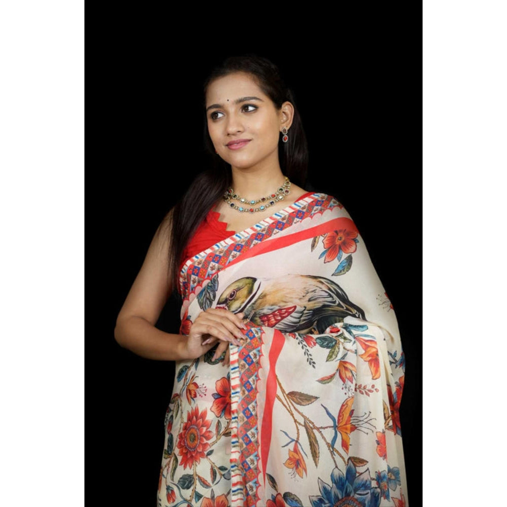 Isadora Life Womens Floral Printed White Pre-Draped Saree With Unstitched Blouse