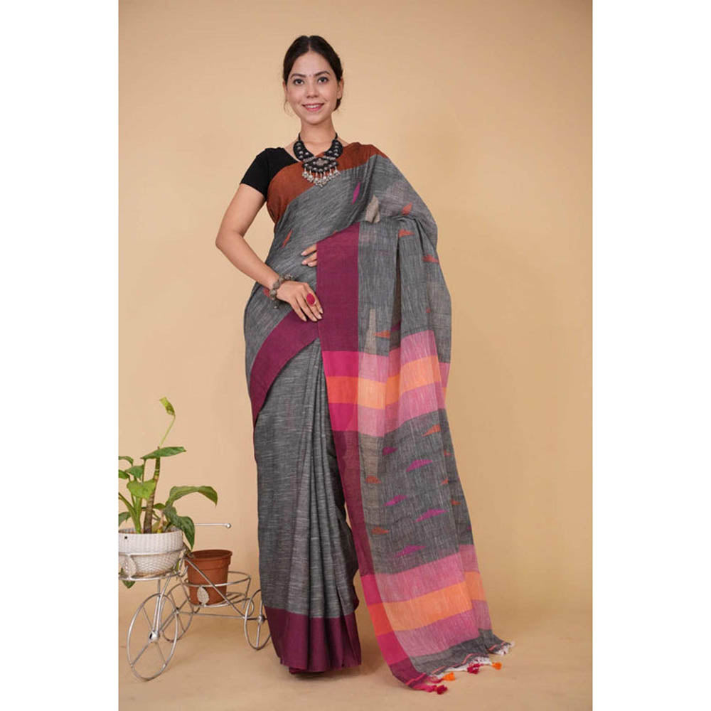 Isadora Life Womens Woven Tassels Grey Pre-Draped Saree With Unstitched Blouse