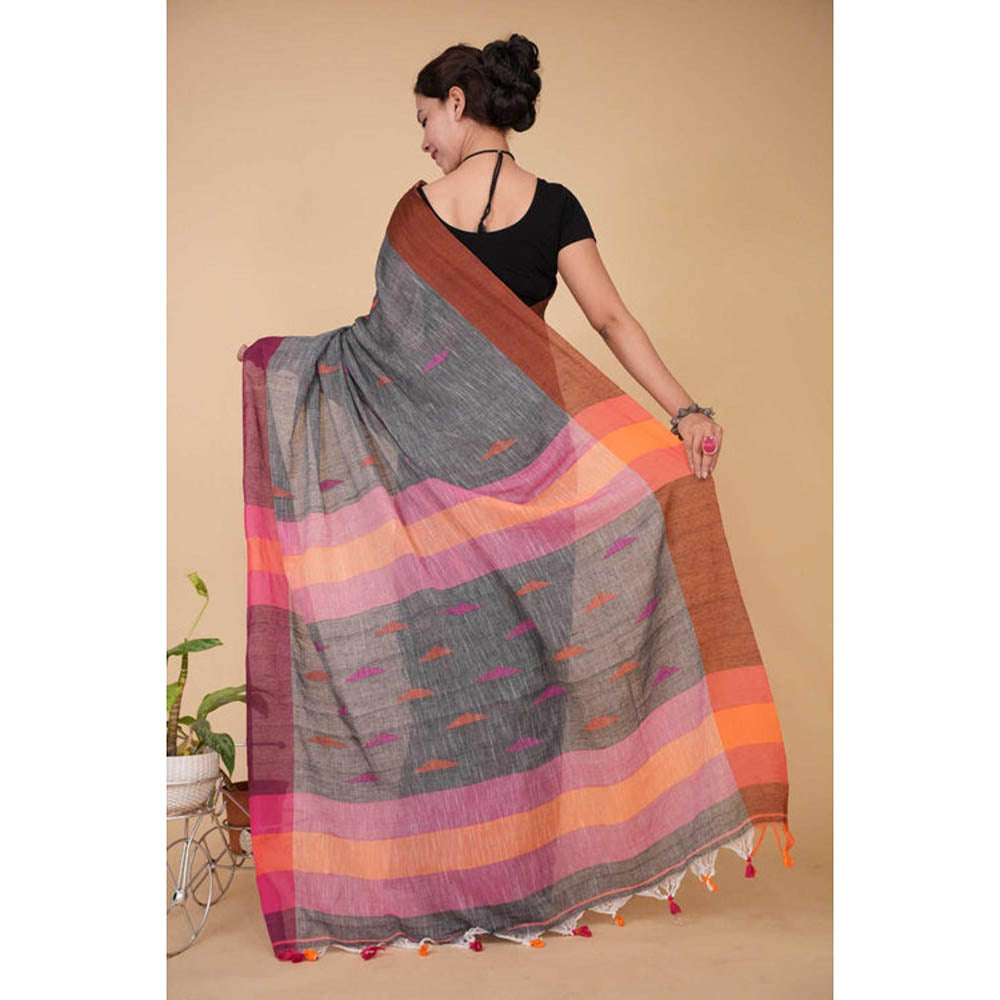 Isadora Life Womens Woven Tassels Grey Pre-Draped Saree With Unstitched Blouse