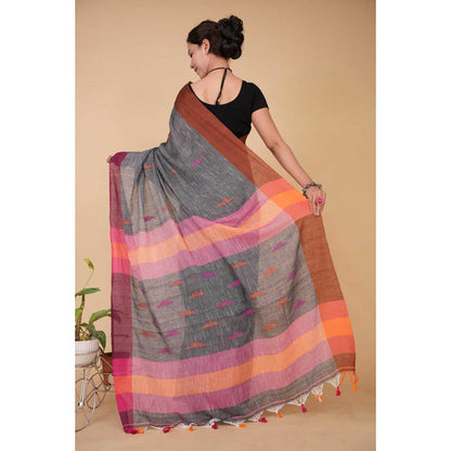 Isadora Life Womens Woven Tassels Grey Pre-Draped Saree With Unstitched Blouse