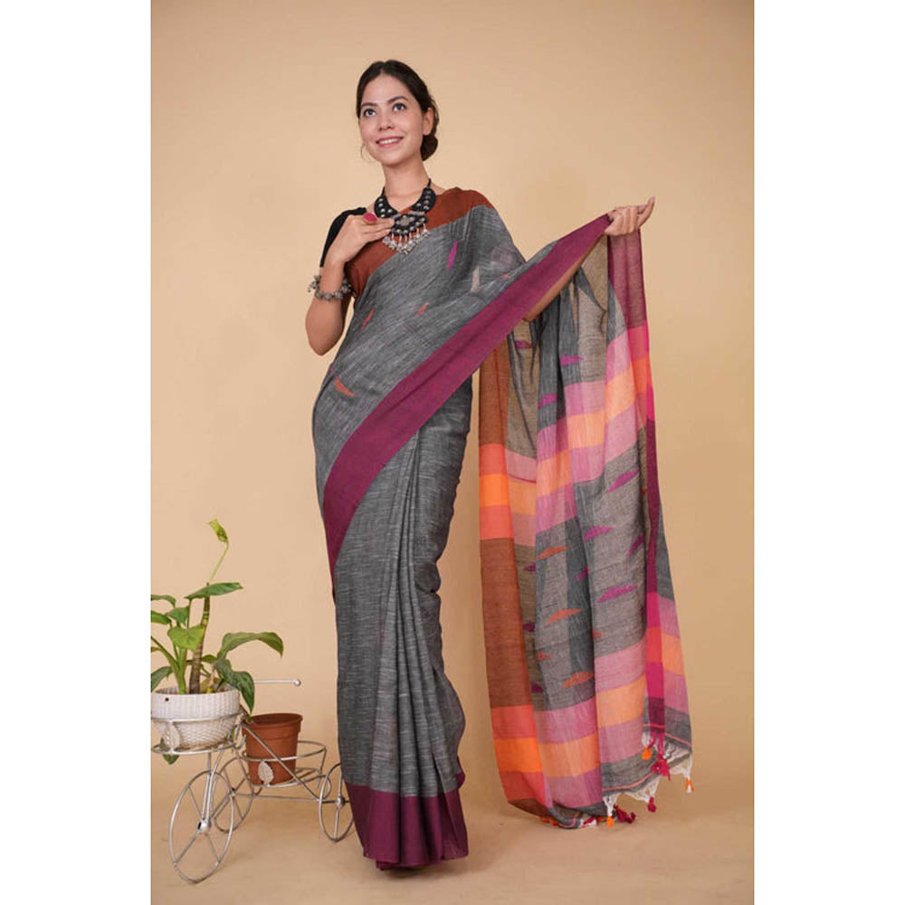 Isadora Life Womens Woven Tassels Grey Pre-Draped Saree With Unstitched Blouse
