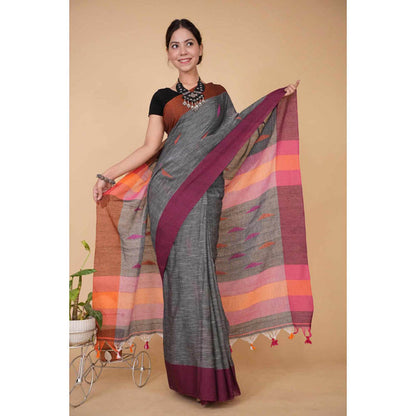 Isadora Life Womens Woven Tassels Grey Pre-Draped Saree With Unstitched Blouse