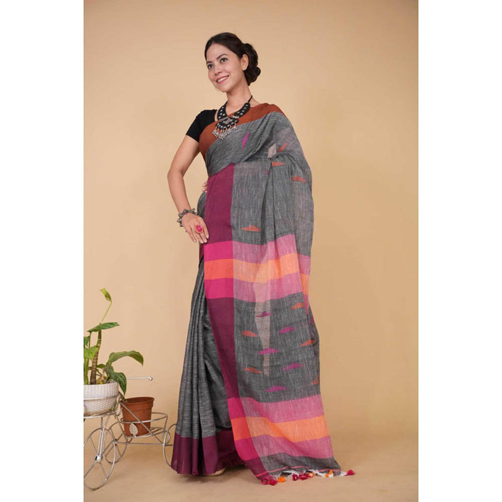 Isadora Life Womens Woven Tassels Grey Pre-Draped Saree With Unstitched Blouse