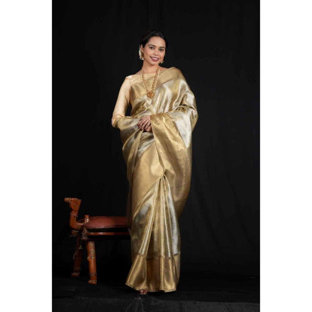 Isadora Life Womens Woven Zari Gold Pre-Draped Saree With Unstitched Blouse