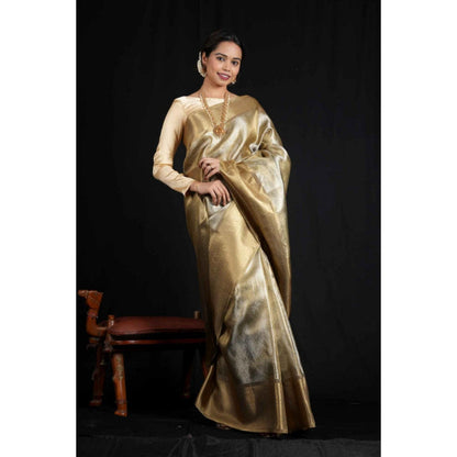 Isadora Life Womens Woven Zari Gold Pre-Draped Saree With Unstitched Blouse