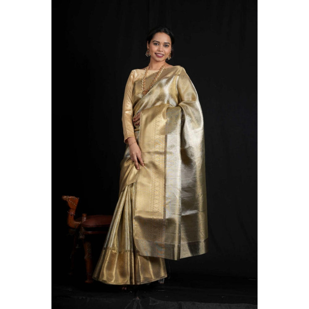 Isadora Life Womens Woven Zari Gold Pre-Draped Saree With Unstitched Blouse