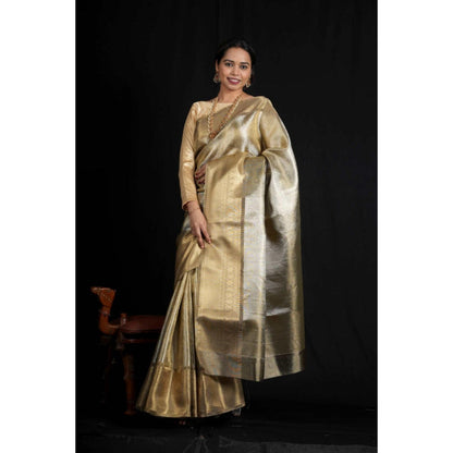 Isadora Life Womens Woven Zari Gold Pre-Draped Saree With Unstitched Blouse