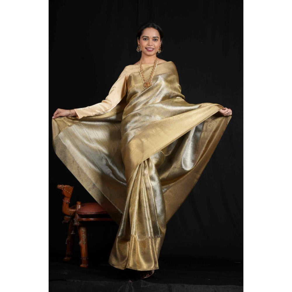 Isadora Life Womens Woven Zari Gold Pre-Draped Saree With Unstitched Blouse