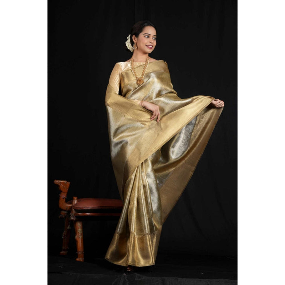 Isadora Life Womens Woven Zari Gold Pre-Draped Saree With Unstitched Blouse