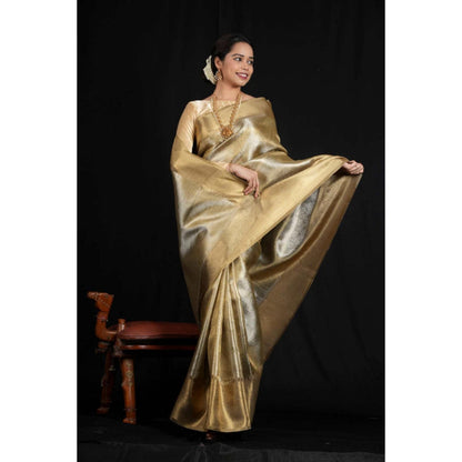 Isadora Life Womens Woven Zari Gold Pre-Draped Saree With Unstitched Blouse