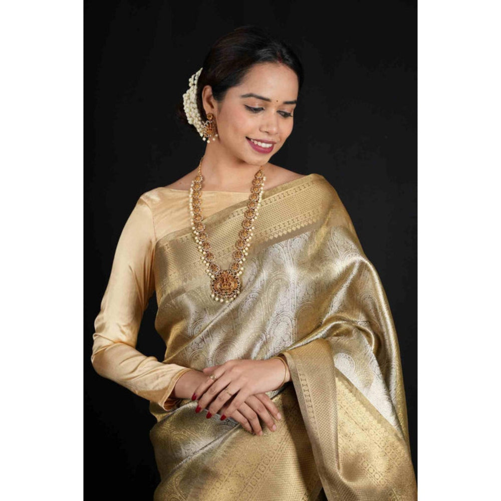 Isadora Life Womens Woven Zari Gold Pre-Draped Saree With Unstitched Blouse