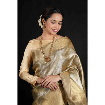 Isadora Life Womens Woven Zari Gold Pre-Draped Saree With Unstitched Blouse