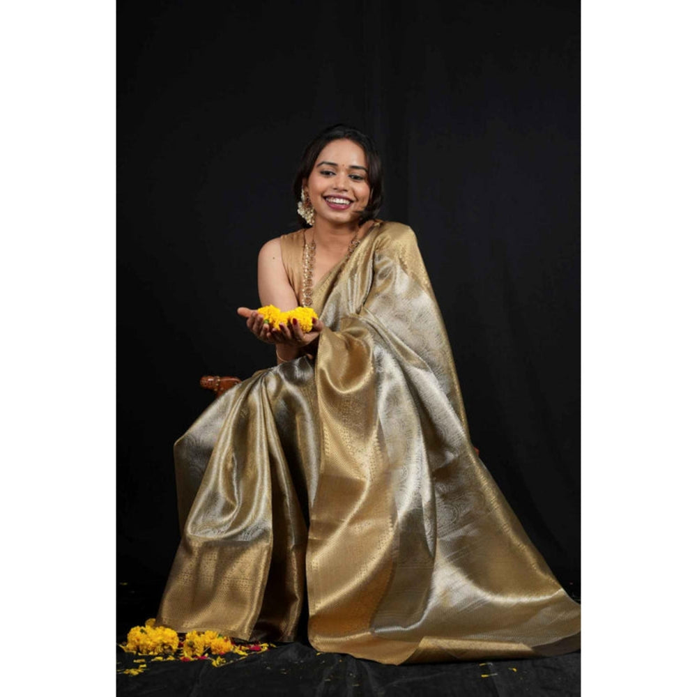Isadora Life Womens Woven Zari Gold Pre-Draped Saree With Unstitched Blouse