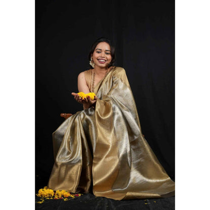 Isadora Life Womens Woven Zari Gold Pre-Draped Saree With Unstitched Blouse