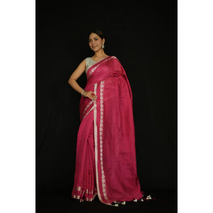 Isadora Life Womens Solid Tassels Pink Pre-Draped Saree With Unstitched Blouse