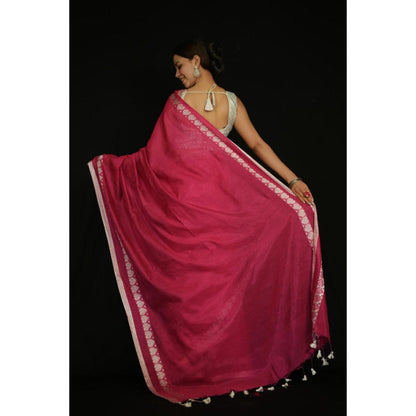 Isadora Life Womens Solid Tassels Pink Pre-Draped Saree With Unstitched Blouse