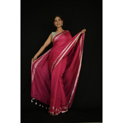 Isadora Life Womens Solid Tassels Pink Pre-Draped Saree With Unstitched Blouse