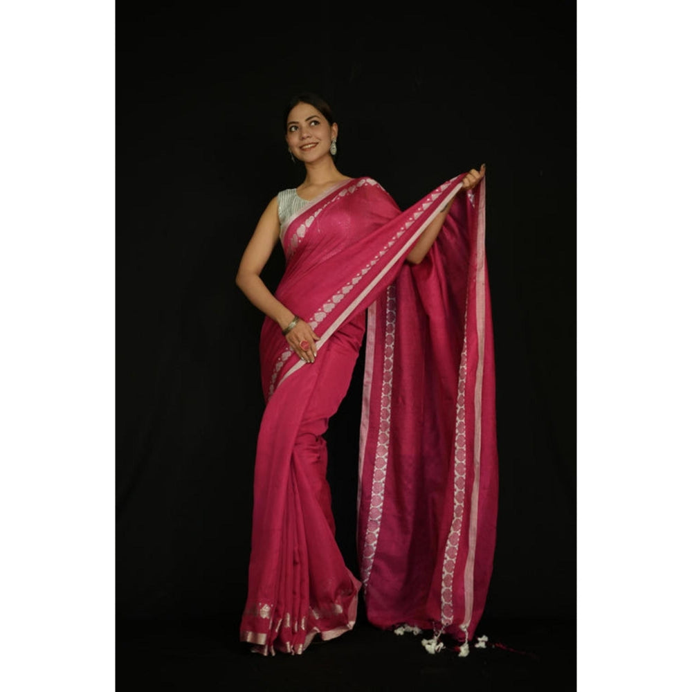 Isadora Life Womens Solid Tassels Pink Pre-Draped Saree With Unstitched Blouse