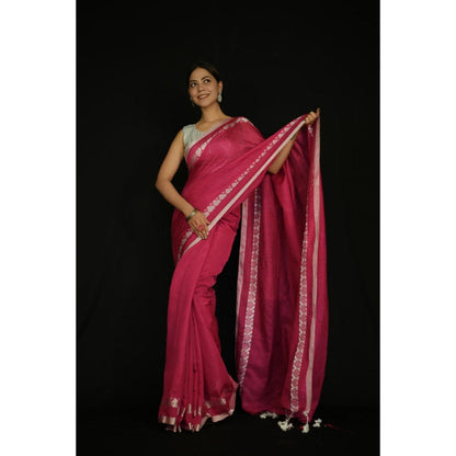 Isadora Life Womens Solid Tassels Pink Pre-Draped Saree With Unstitched Blouse