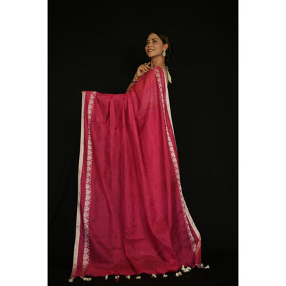 Isadora Life Womens Solid Tassels Pink Pre-Draped Saree With Unstitched Blouse
