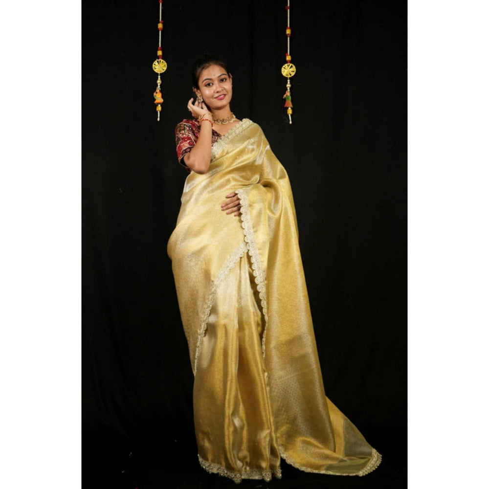 Isadora Life Womens Sequined Zari Gold Pre-Draped Saree With Unstitched Blouse