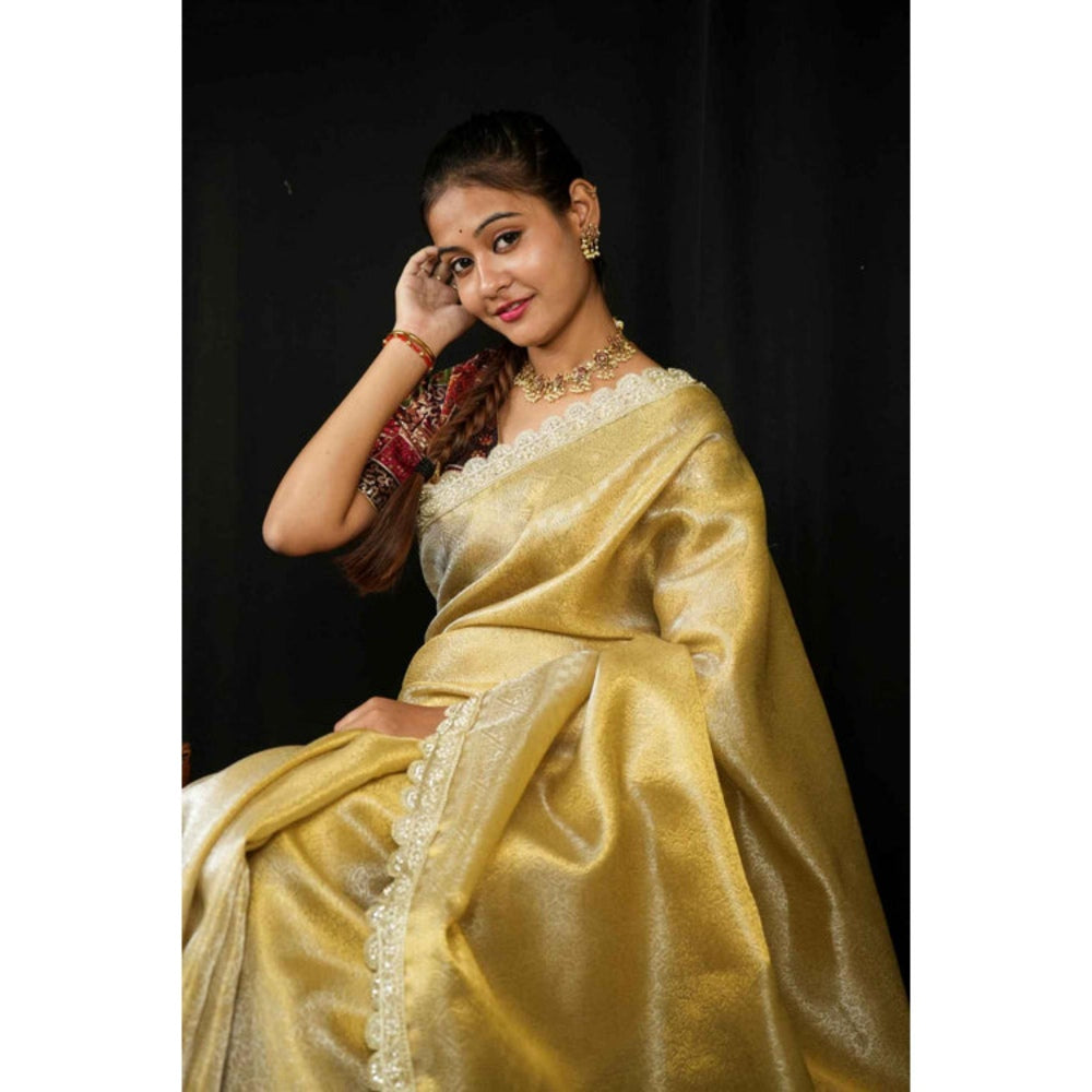 Isadora Life Womens Sequined Zari Gold Pre-Draped Saree With Unstitched Blouse