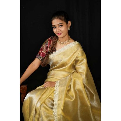 Isadora Life Womens Sequined Zari Gold Pre-Draped Saree With Unstitched Blouse