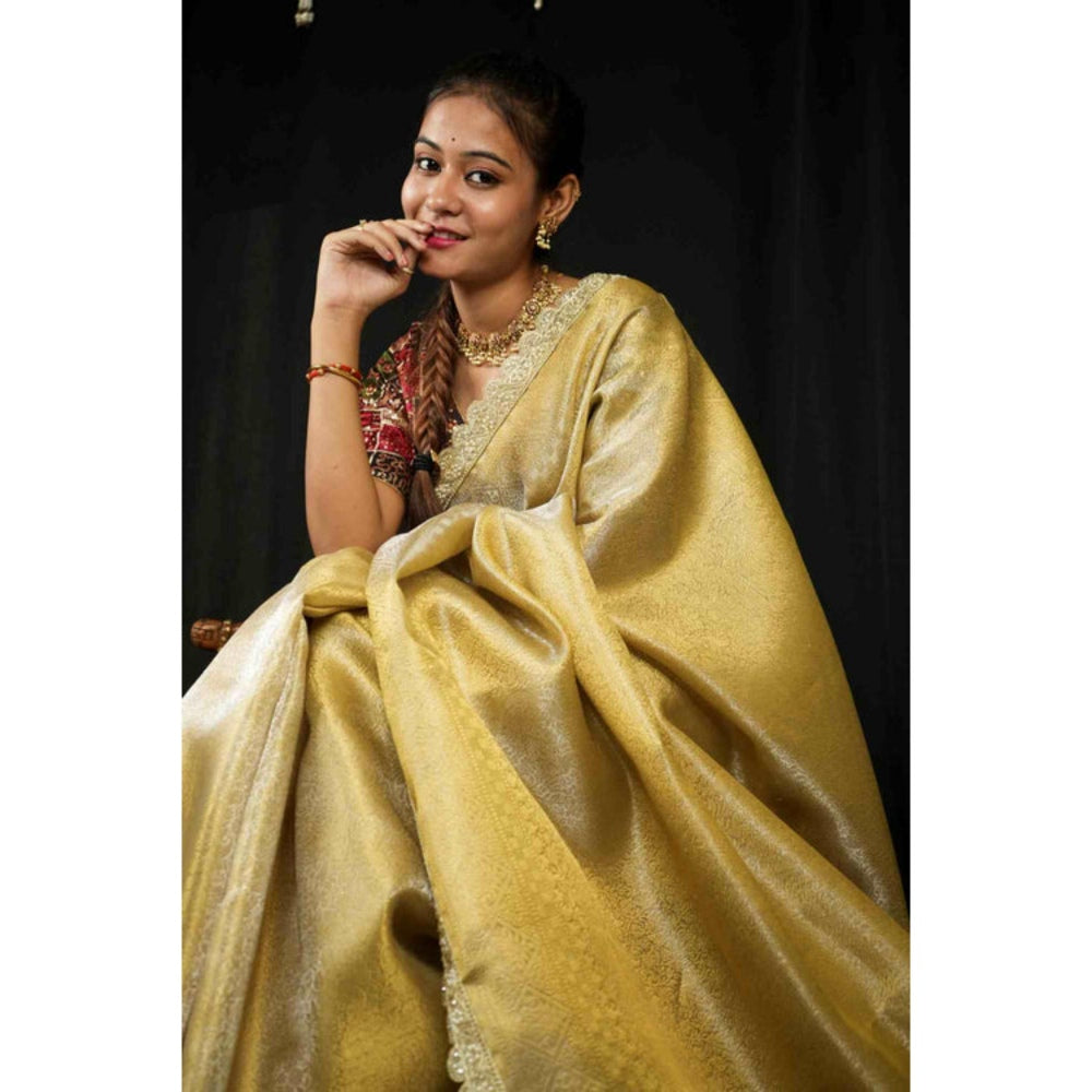 Isadora Life Womens Sequined Zari Gold Pre-Draped Saree With Unstitched Blouse